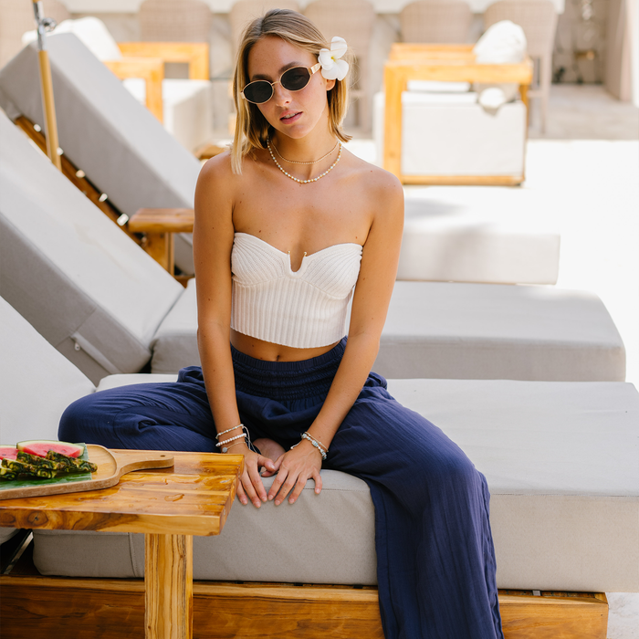 Oxford Wide Leg Cotton Pants, worn seated