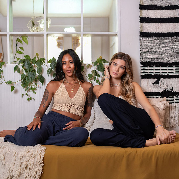 Oxford Wide Leg Cotton Pants, worn lounging with model