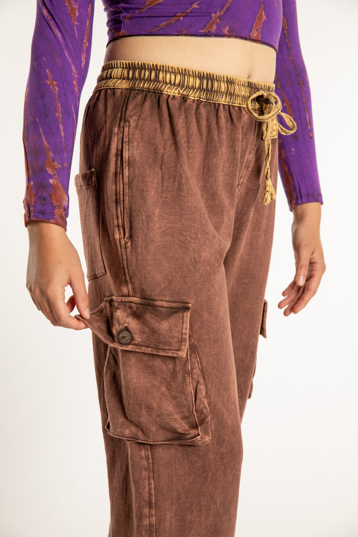 Emily is wearing the Brown Pahar Stone Wash Cargo Pants in Small