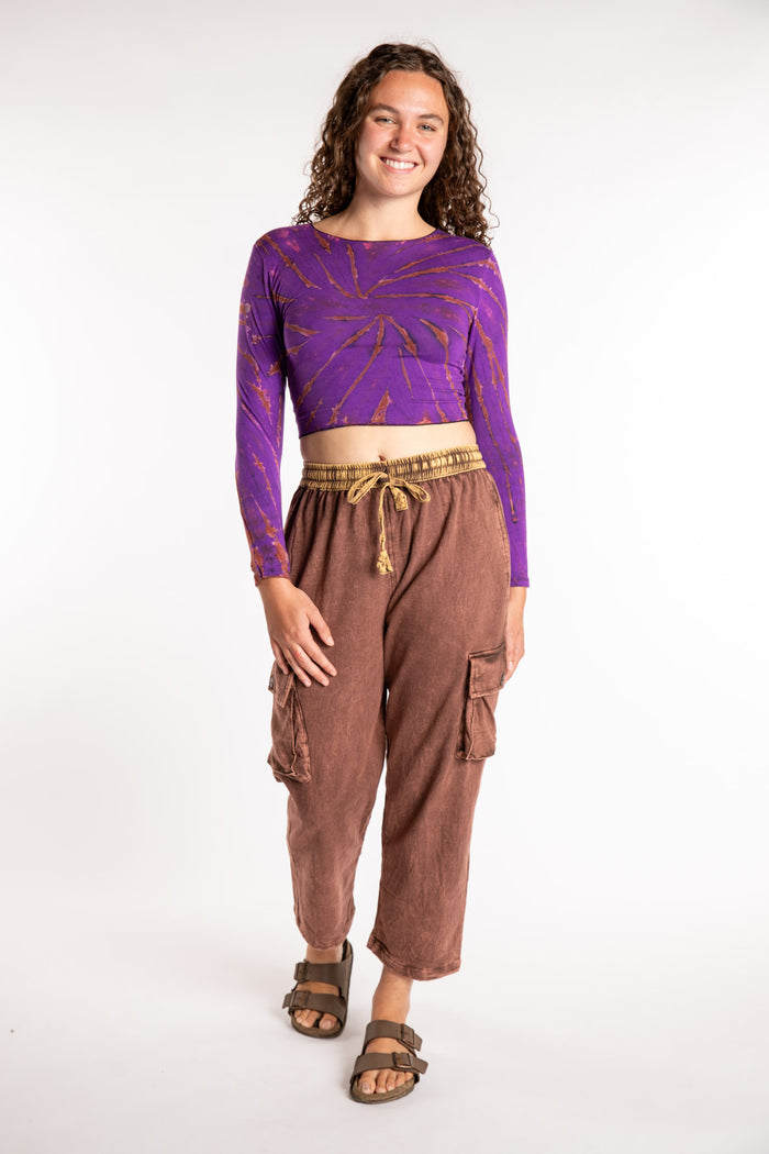 Emily is wearing the Brown Pahar Stone Wash Cargo Pants in Small