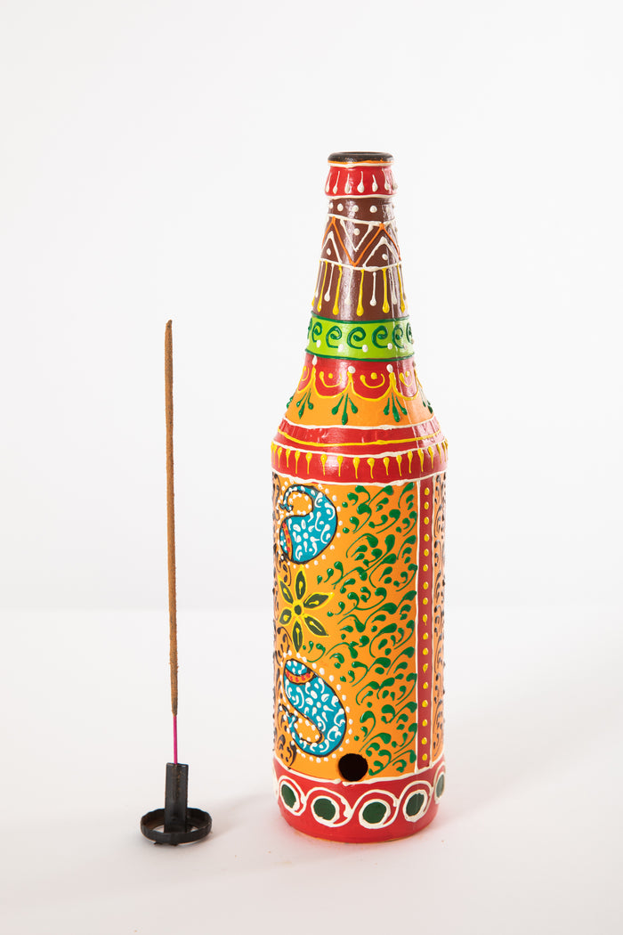 Painted Glass Bottle Incense Burner in Orange