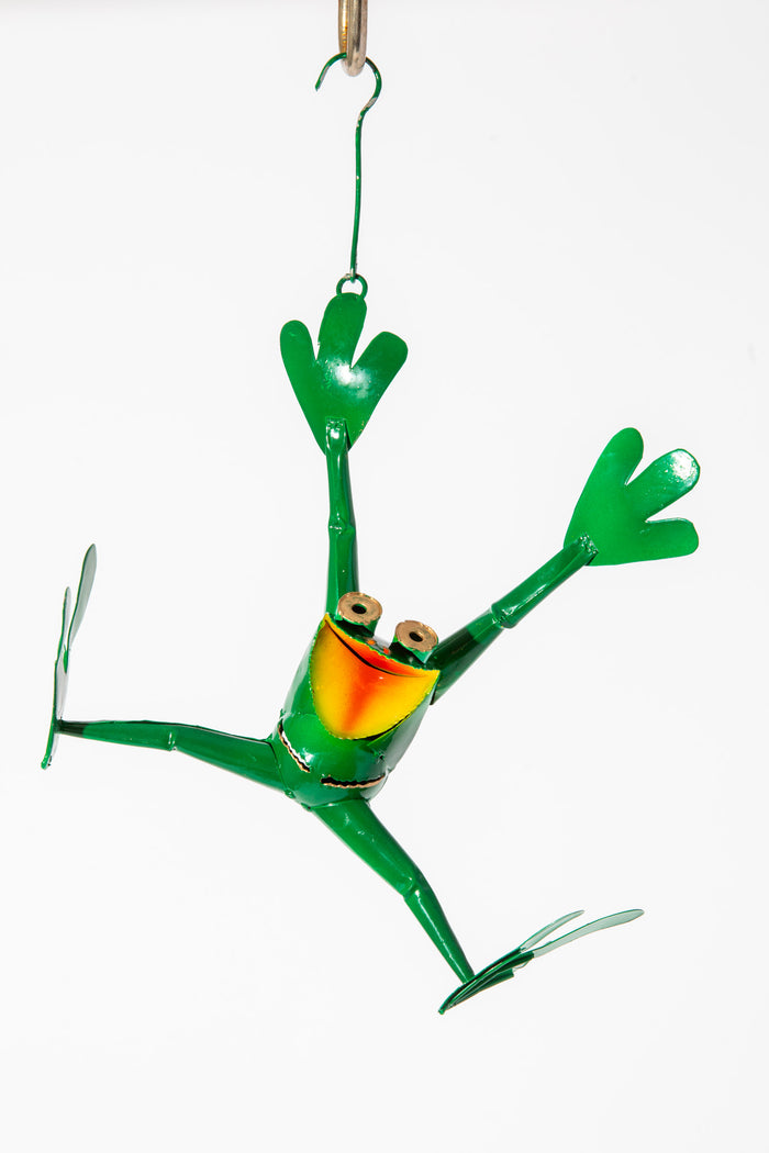Painted tin leaping frog in green