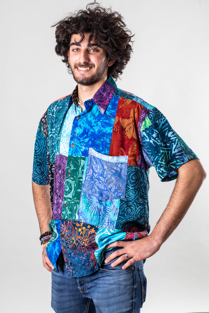 Ralph is wearing size L patchwork button up shirt in multicolor