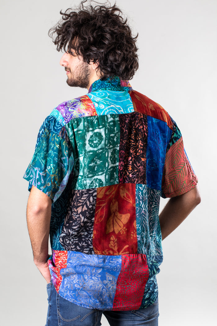 Ralph is wearing size L patchwork button up shirt in multicolor