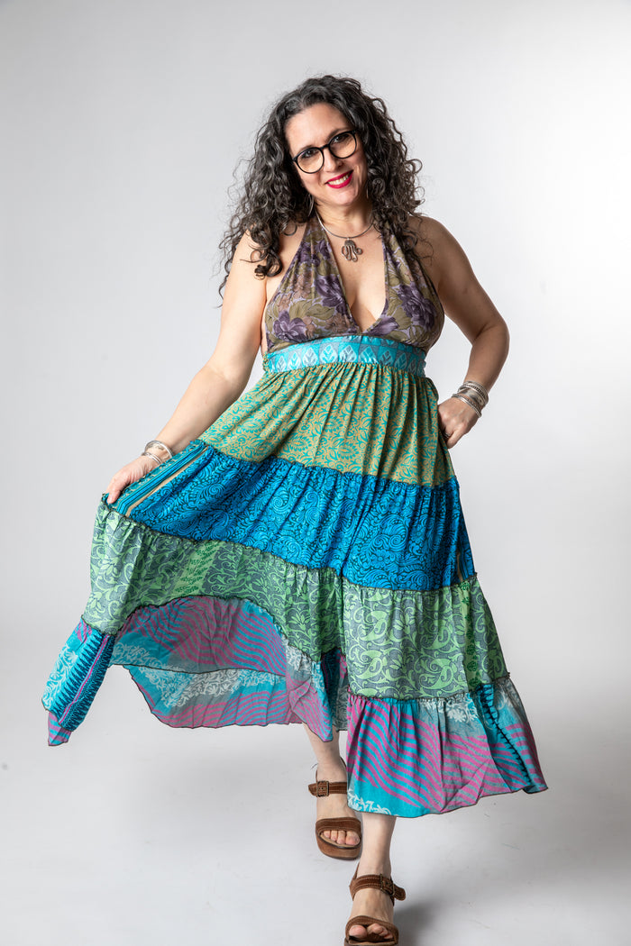 Susan is wearing size M/L patchwork halter dress in morning dew