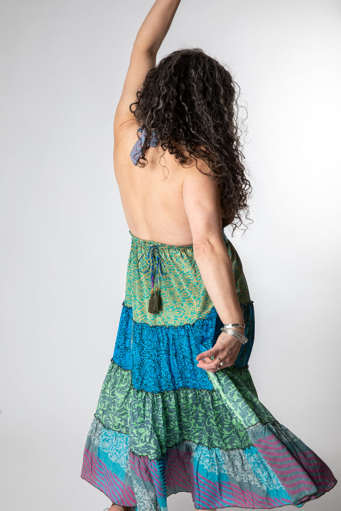 Susan is wearing size M/L patchwork halter dress in morning dew