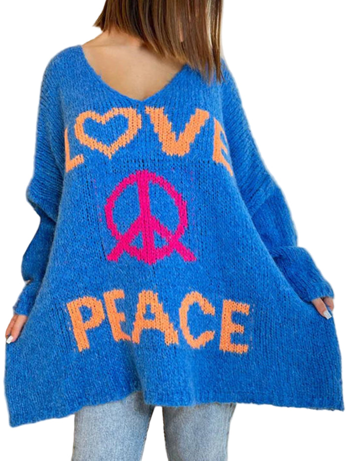 Peace Graphic V-Neck Long Sleeve Sweater