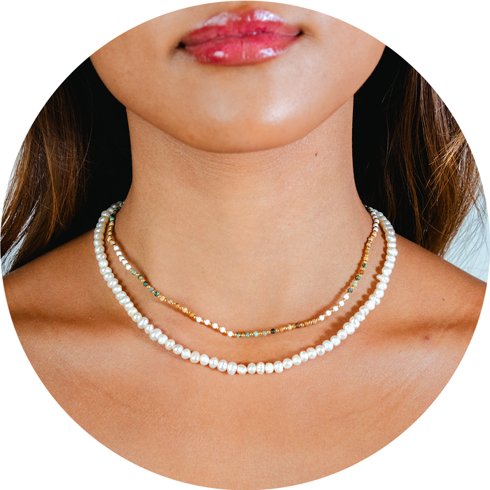 Peace Protector 2mm Healing + 4mm Self Love Necklace Stack, layered on neck