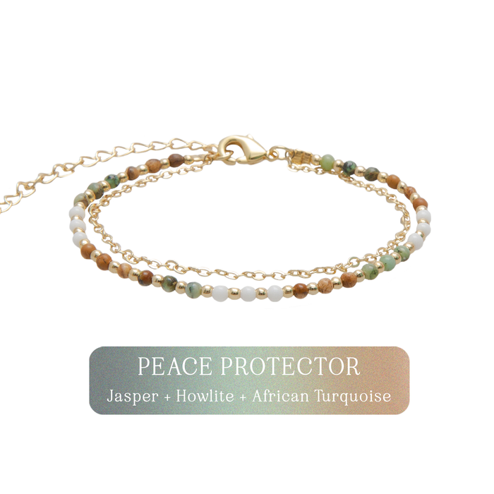 Peace Protector 2mm Layered Healing Bracelet, flat lay with name label