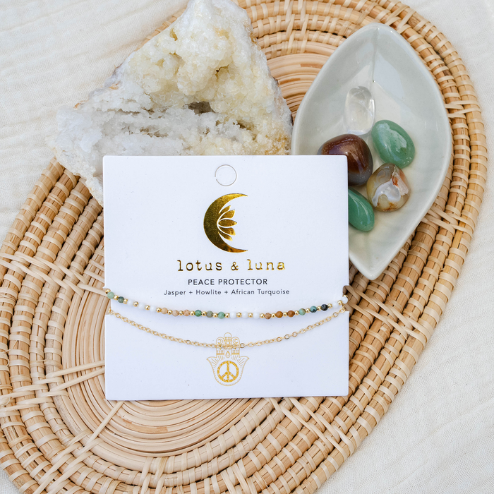 Peace Protector 2mm Layered Healing Bracelet, on brand card with crystals