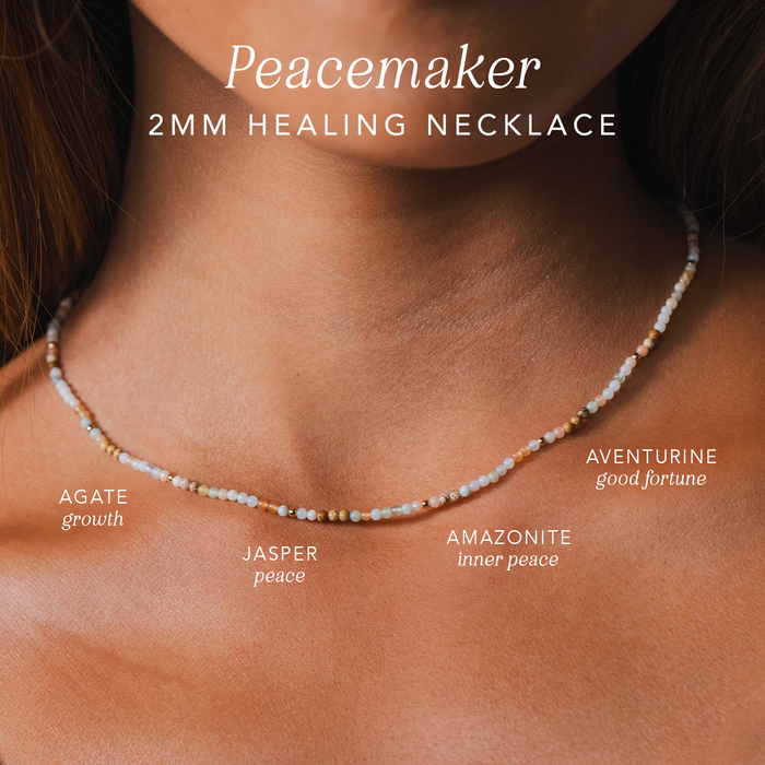 Peacemaker 2mm Healing Necklace, worn with stone labels