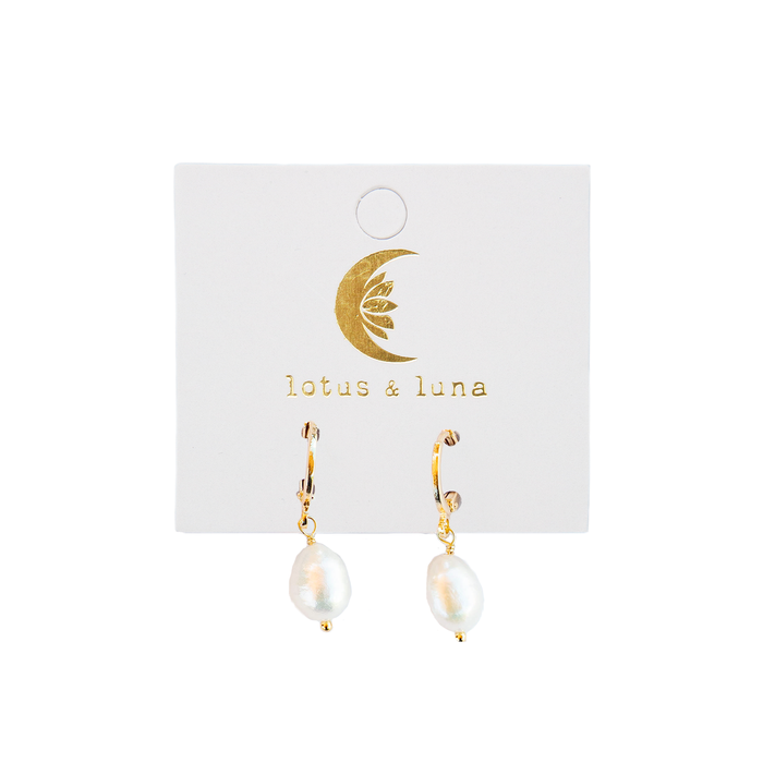 Pearl Drop Earrings, flat lay on card