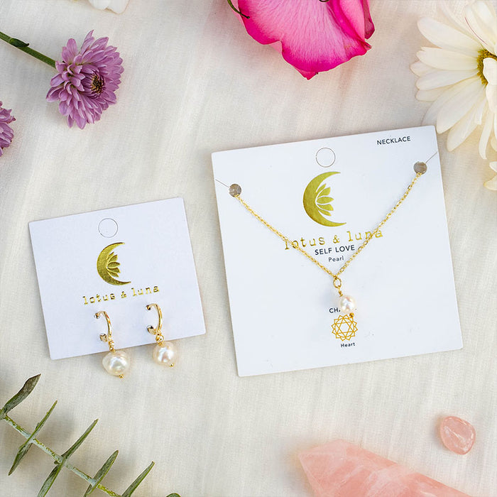 Pearl Drop Earrings, flat lay with necklace card