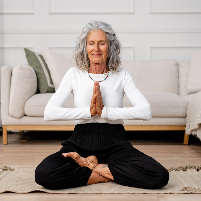 Pearl Hatha Long Sleeve Top, worn meditating