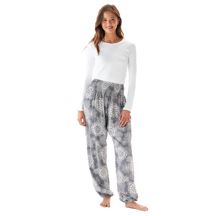Pearl Hatha Long Sleeve Top, worn with harem pants
