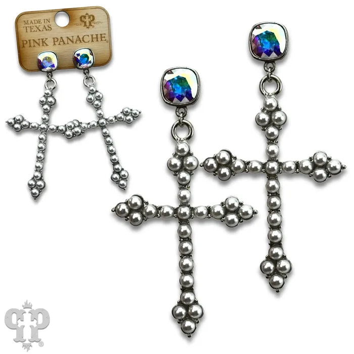 Pearl Studded Cross Earring with Austrian Crystal