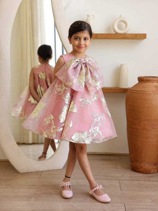 Pink Foil Printed A-Line Dress with Bow