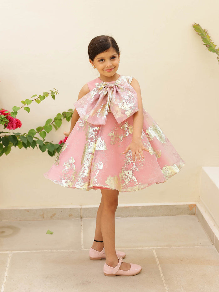 Pink Foil Printed A-Line Dress with Bow