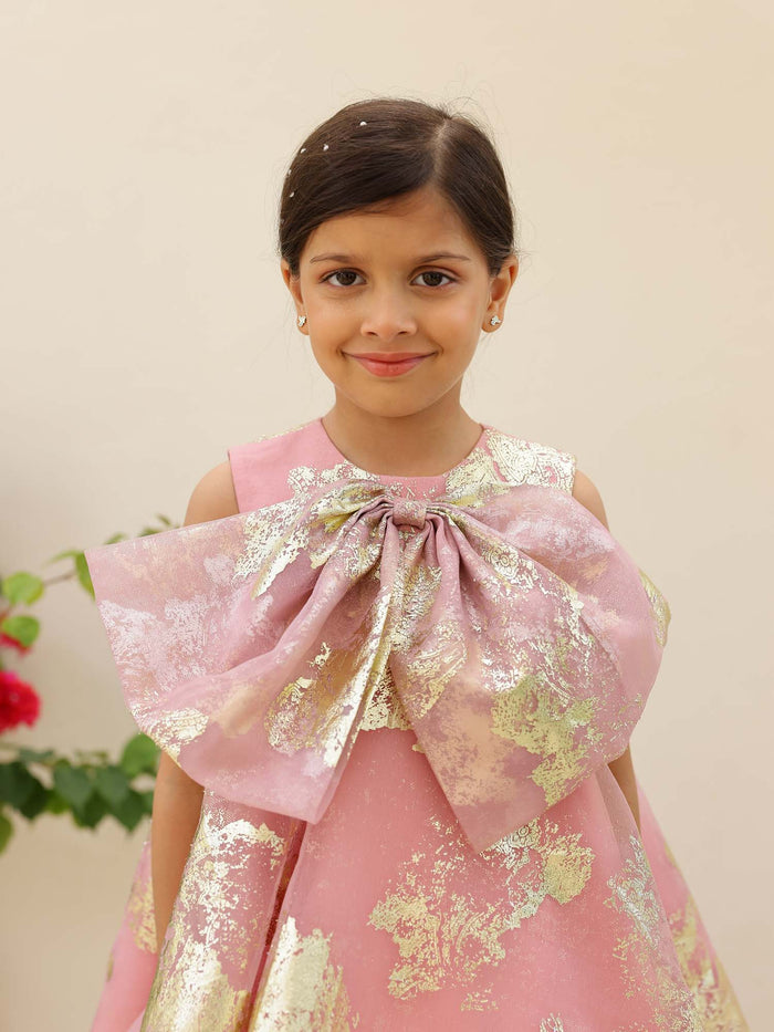 Pink Foil Printed A-Line Dress with Bow