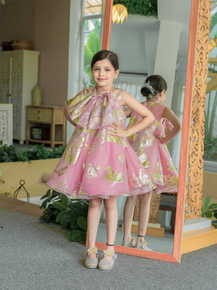 Pink Foil Printed A-Line Dress with Bow