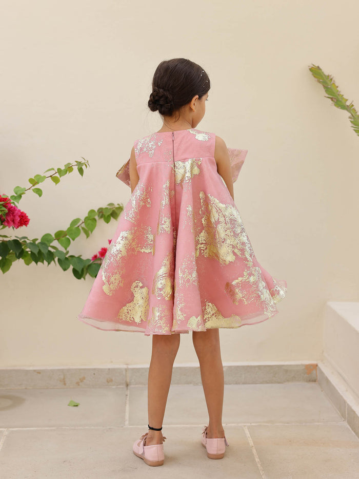 Pink Foil Printed A-Line Dress with Bow