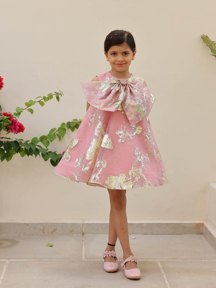 Pink Foil Printed A-Line Dress with Bow