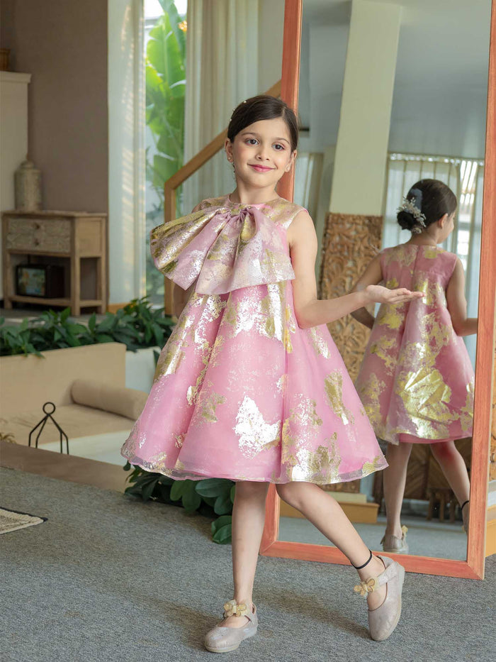Pink Foil Printed A-Line Dress with Bow