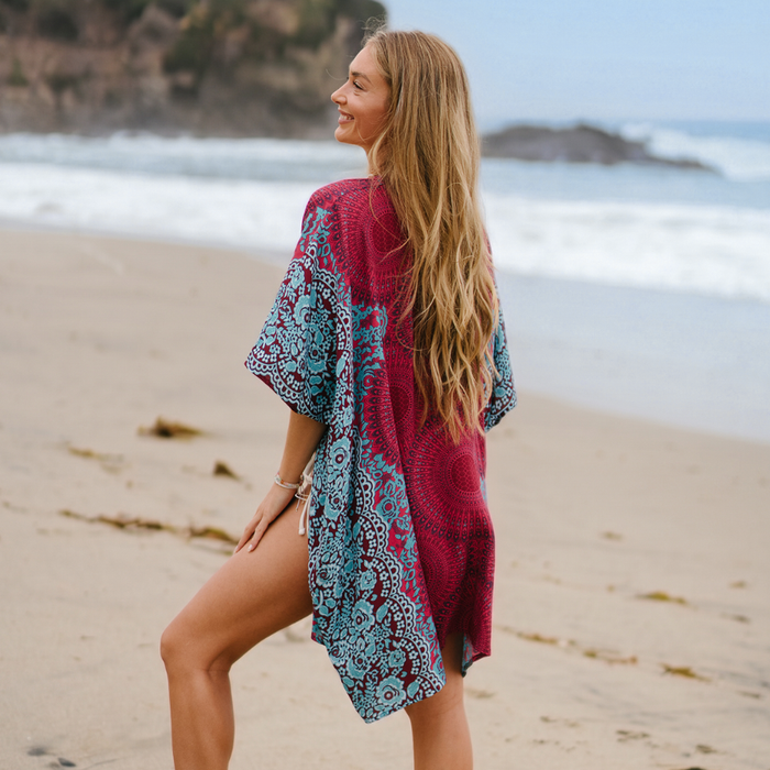 Poipu Kimono, worn walking on the beach