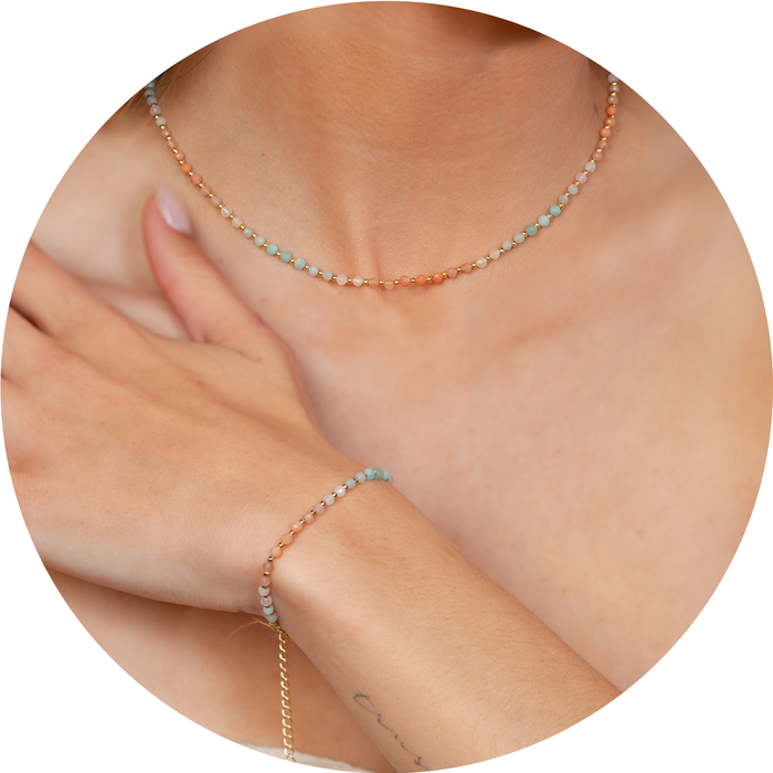 Positive Energy 3mm Healing Necklace + Bracelet Set, worn on wrist and neck