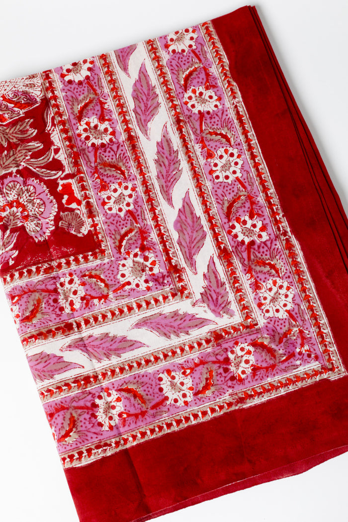 Block print tablecloth in garnet profusion