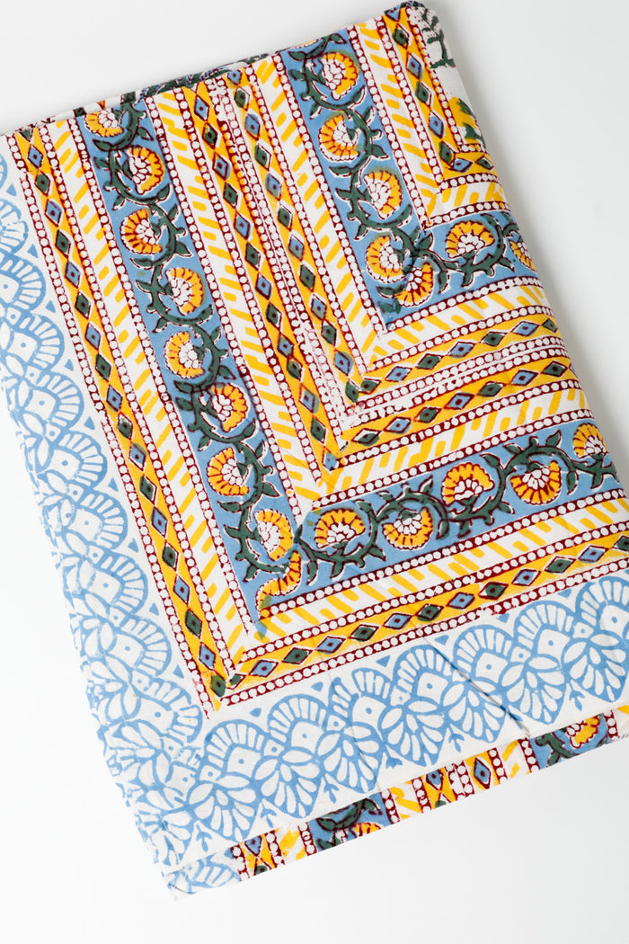 Block print tablecloth in multi feathered vines