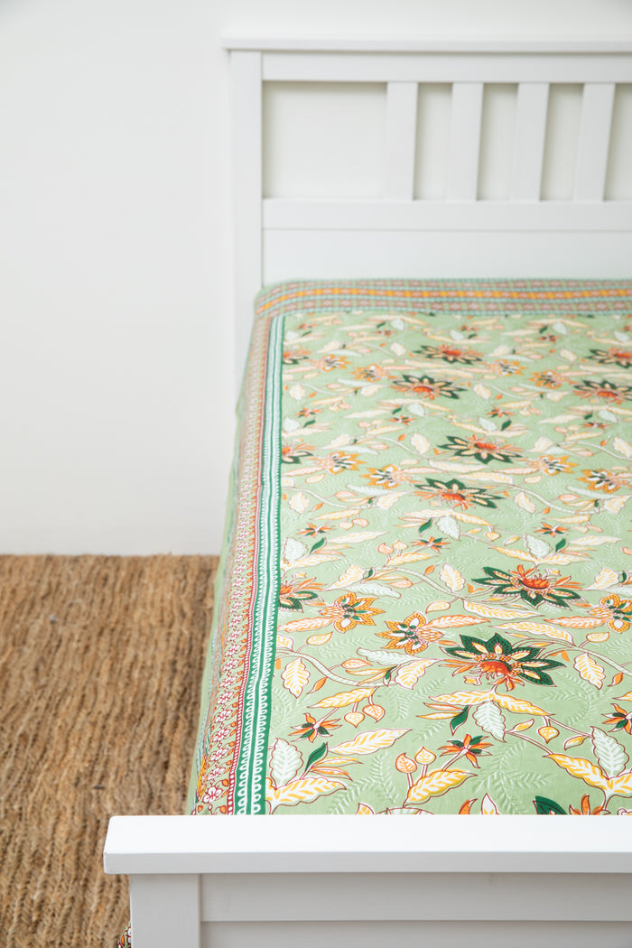 Hand printed India tapestry in green garden