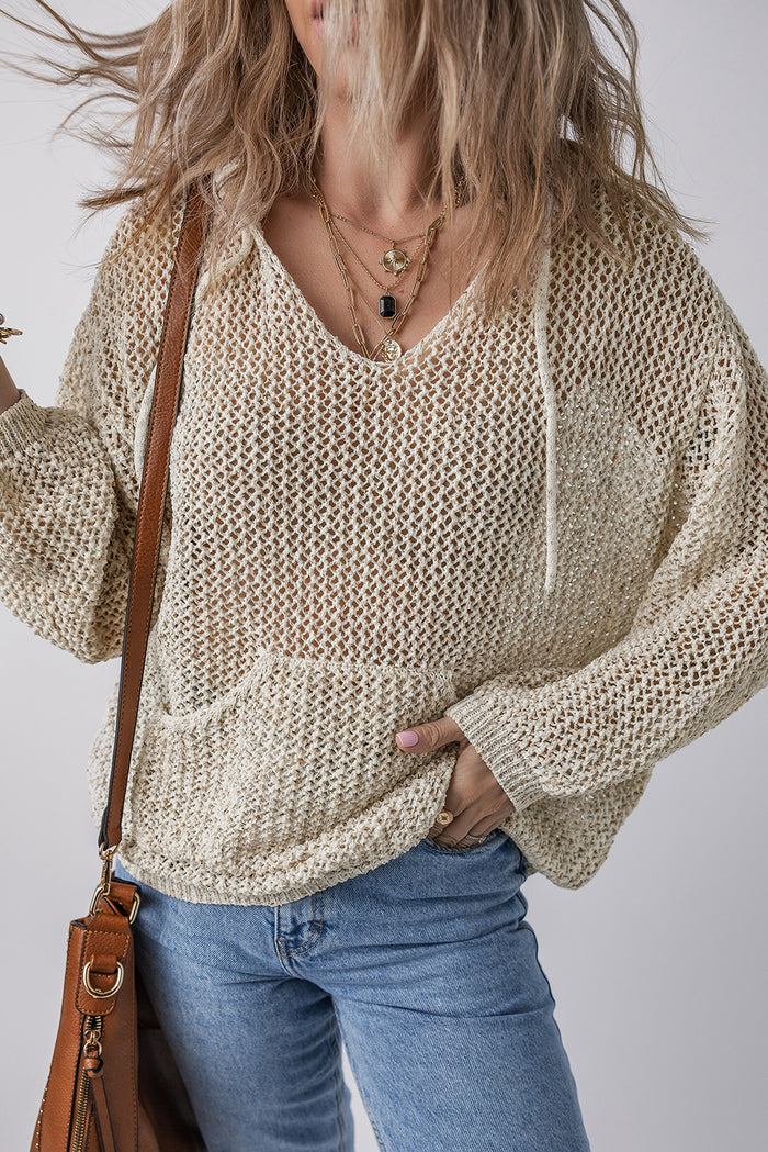 Pull à capuche avec poche kangourou ajourée et col en V