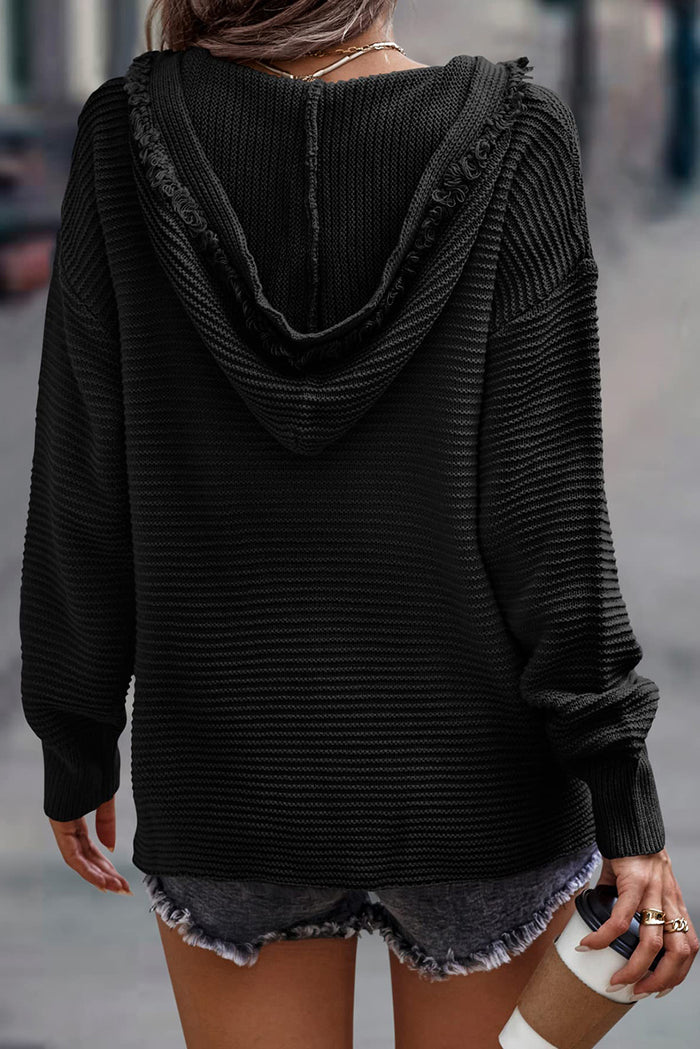 Pull à capuche noir côtelé à col en V et épaules tombantes