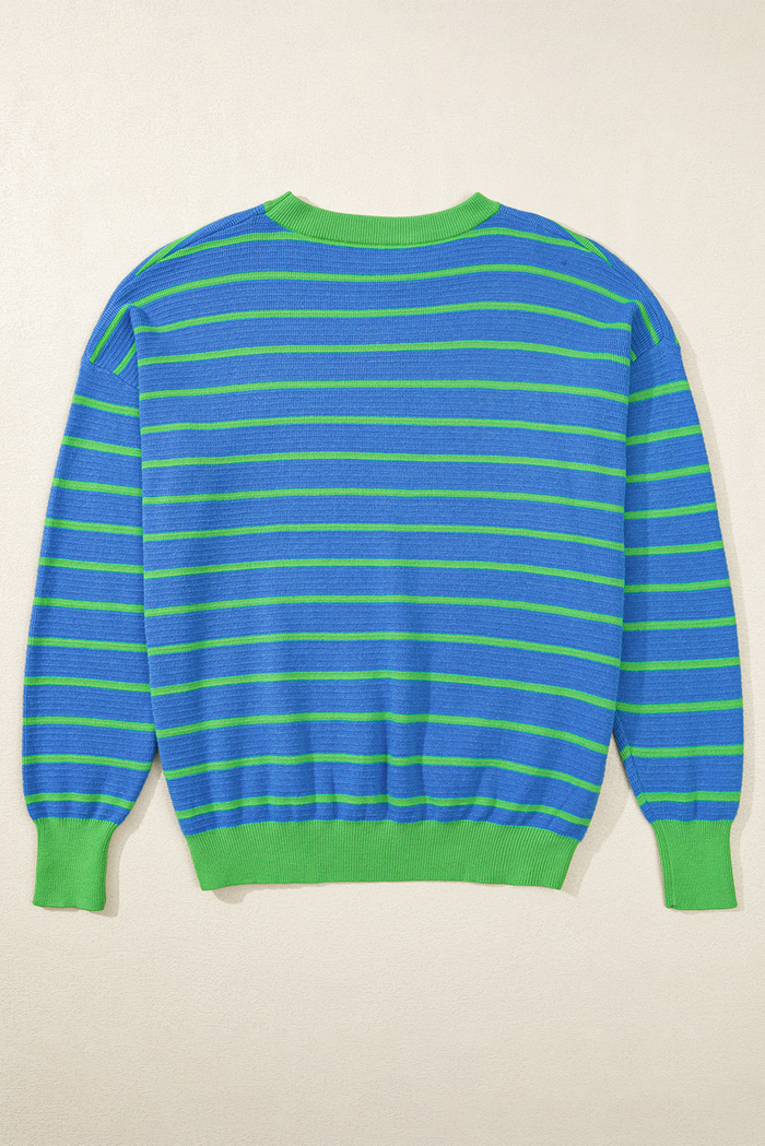 Pull ample à rayures bleu ciel et col rond *