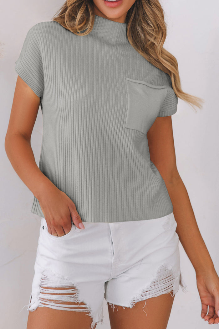 Pull gris à manches courtes en tricot côtelé  *