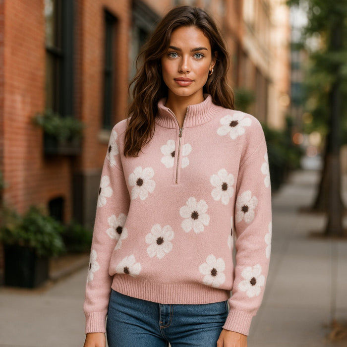 Pull rose à demi-zip et épaules tombantes *