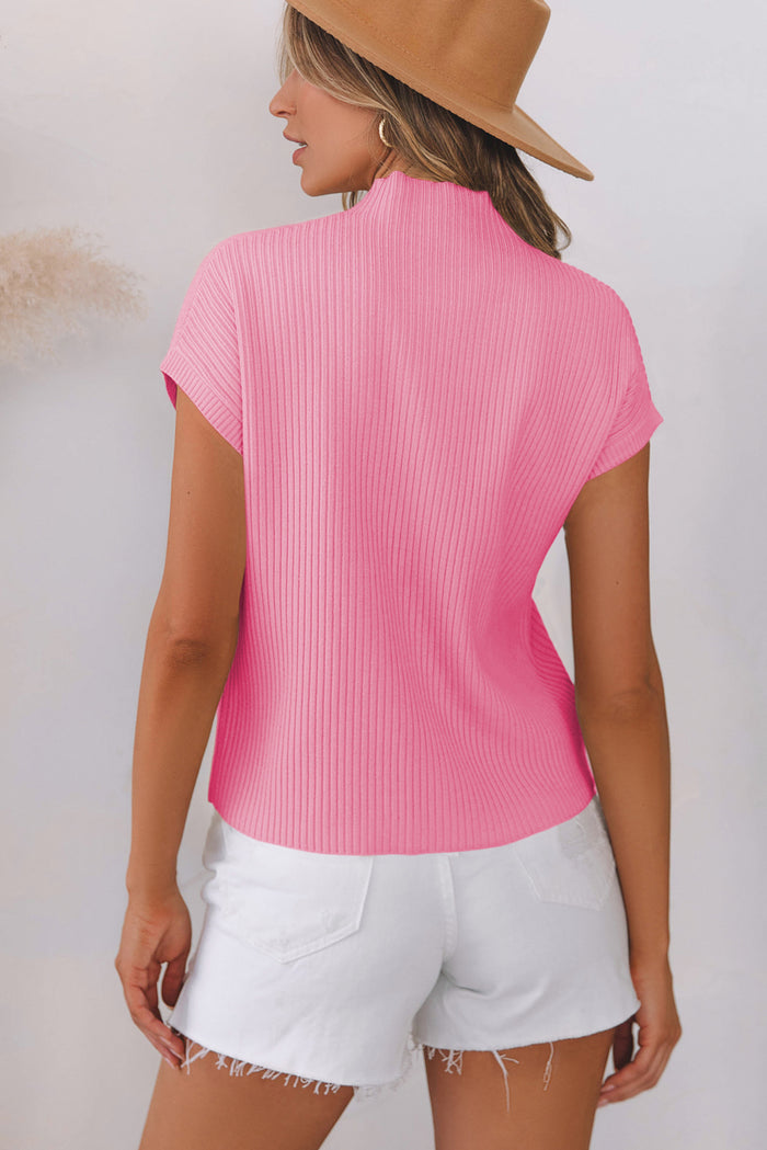 Pull rose à manches courtes en tricot côtelé *