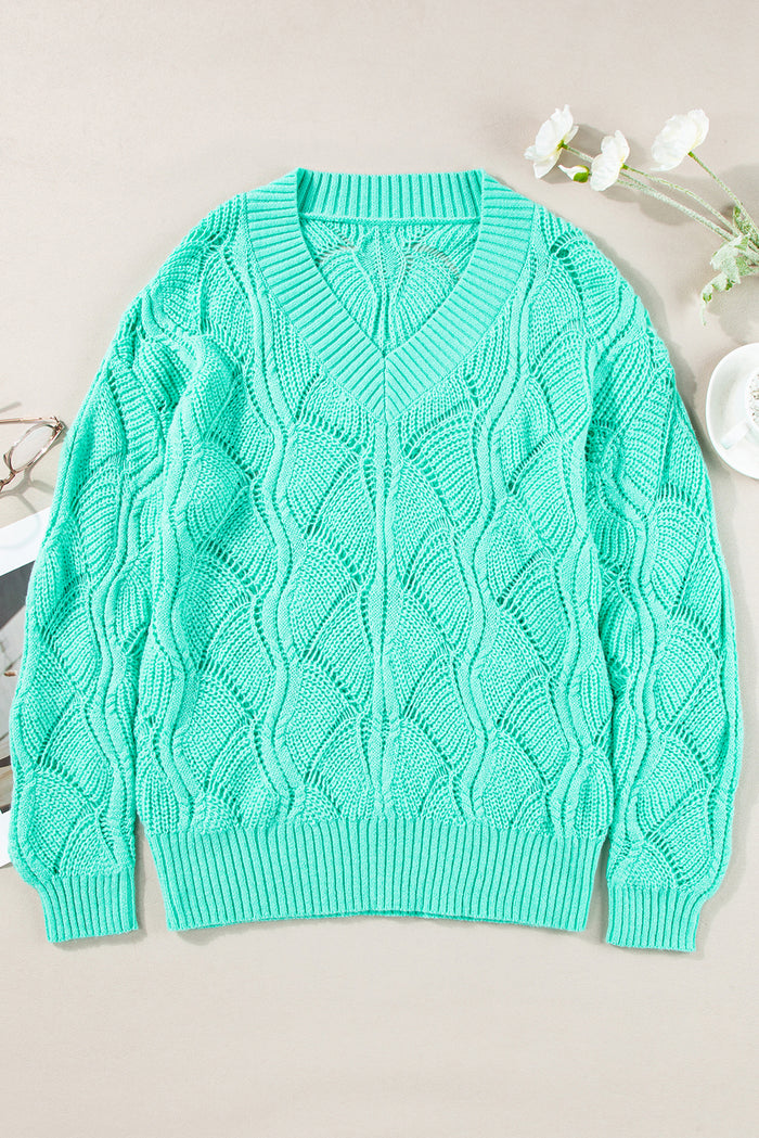 Pull vert menthe en tricot ajouré à col en V *