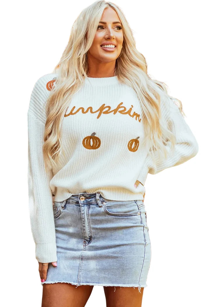Pumpkin Embroidery Long Sleeve Sweater
