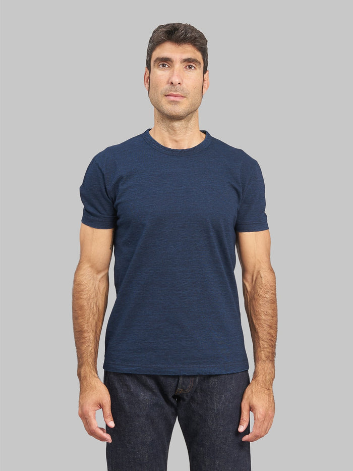 Pure blue japan indigo dyed crewneck tshirt model front fit