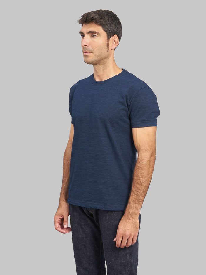 Pure blue japan indigo dyed crewneck tshirt model side fit