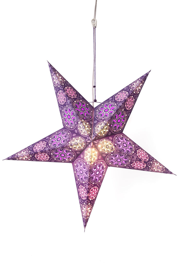 Purple paper star lantern in cyclone - purple. Light kit sold separately.