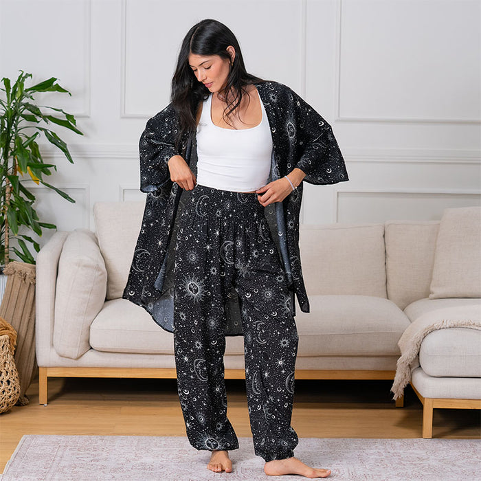 Raven Cosmic Sky Cover Up, worn open over pants