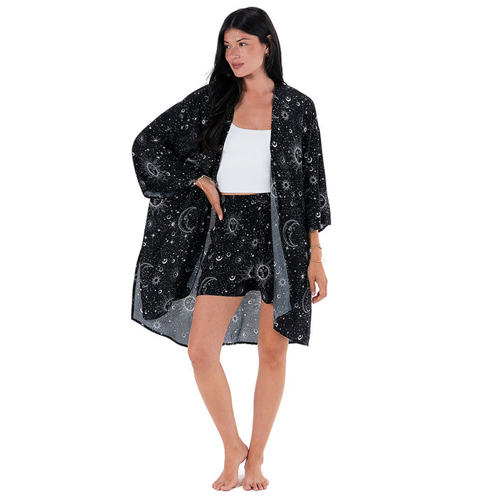 Raven Cosmic Sky Shorts, styled with kimono