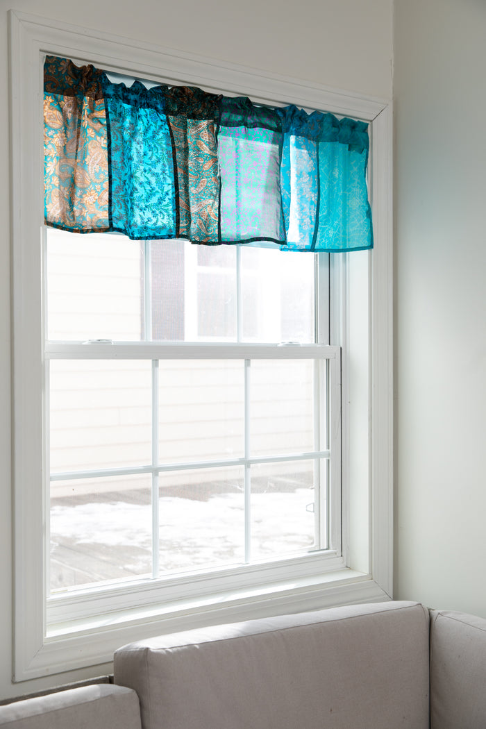 Recycled patchwork silk valance in morning dew