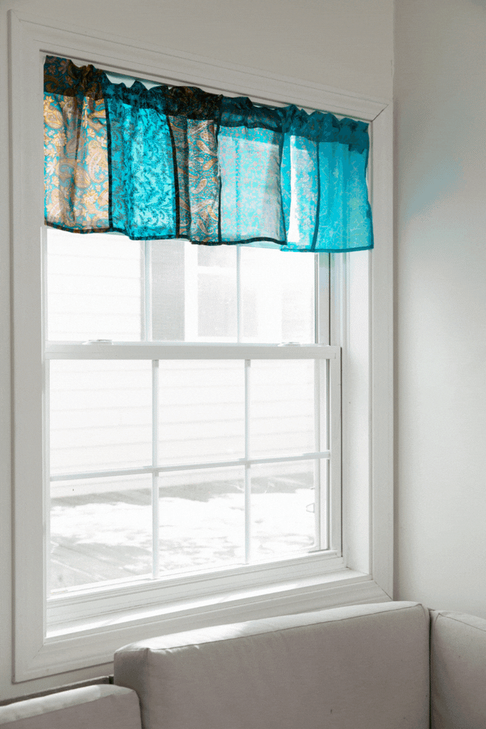 Recycled patchwork silk valance in morning dew