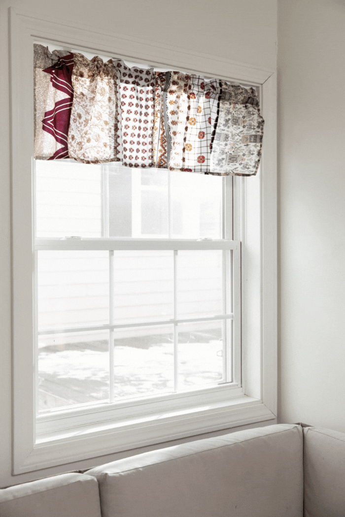 Recycled patchwork silk valance in shakedown street