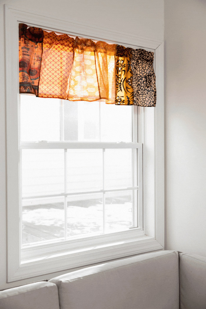Recycled patchwork silk valance in fire on the mountain