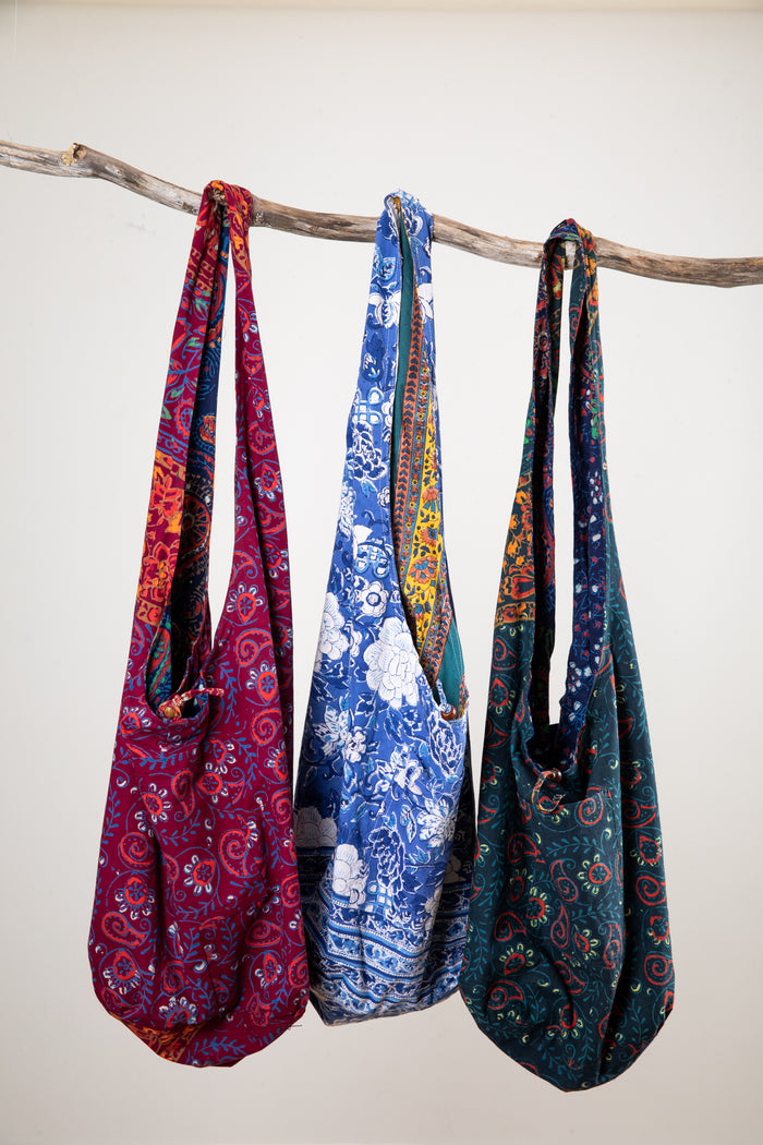 Reversible Block Print Bag in Cornflower Blue and Autumn Garden
